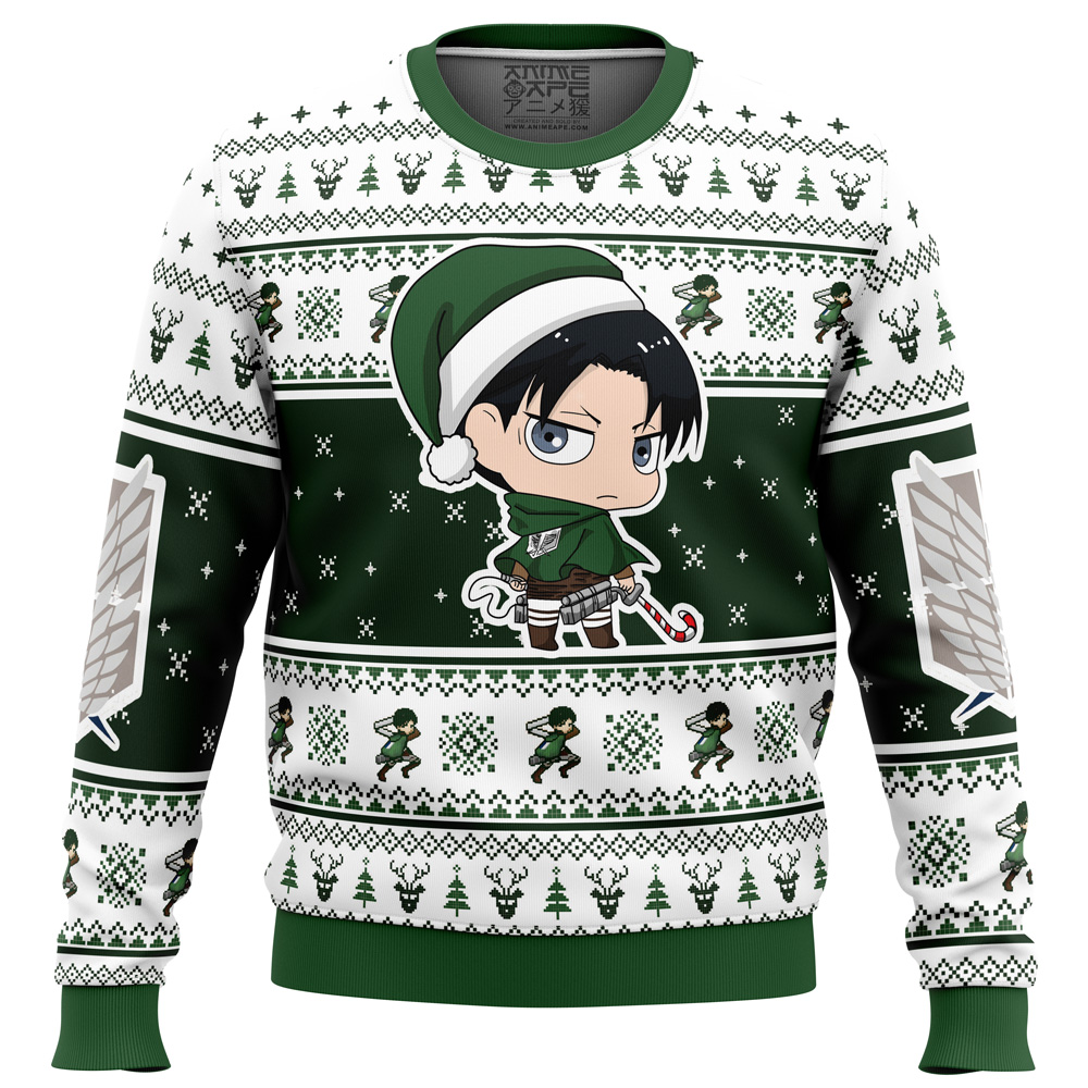 Christmas-Chibi-Levi-Attack-on-Titan_Ugly-Christmas-Sweater-FRONT-mockup Christmas Chibi Levi Attack on Titan Ugly Christmas Sweater FRONT mockup - Attack On Titan AU Store